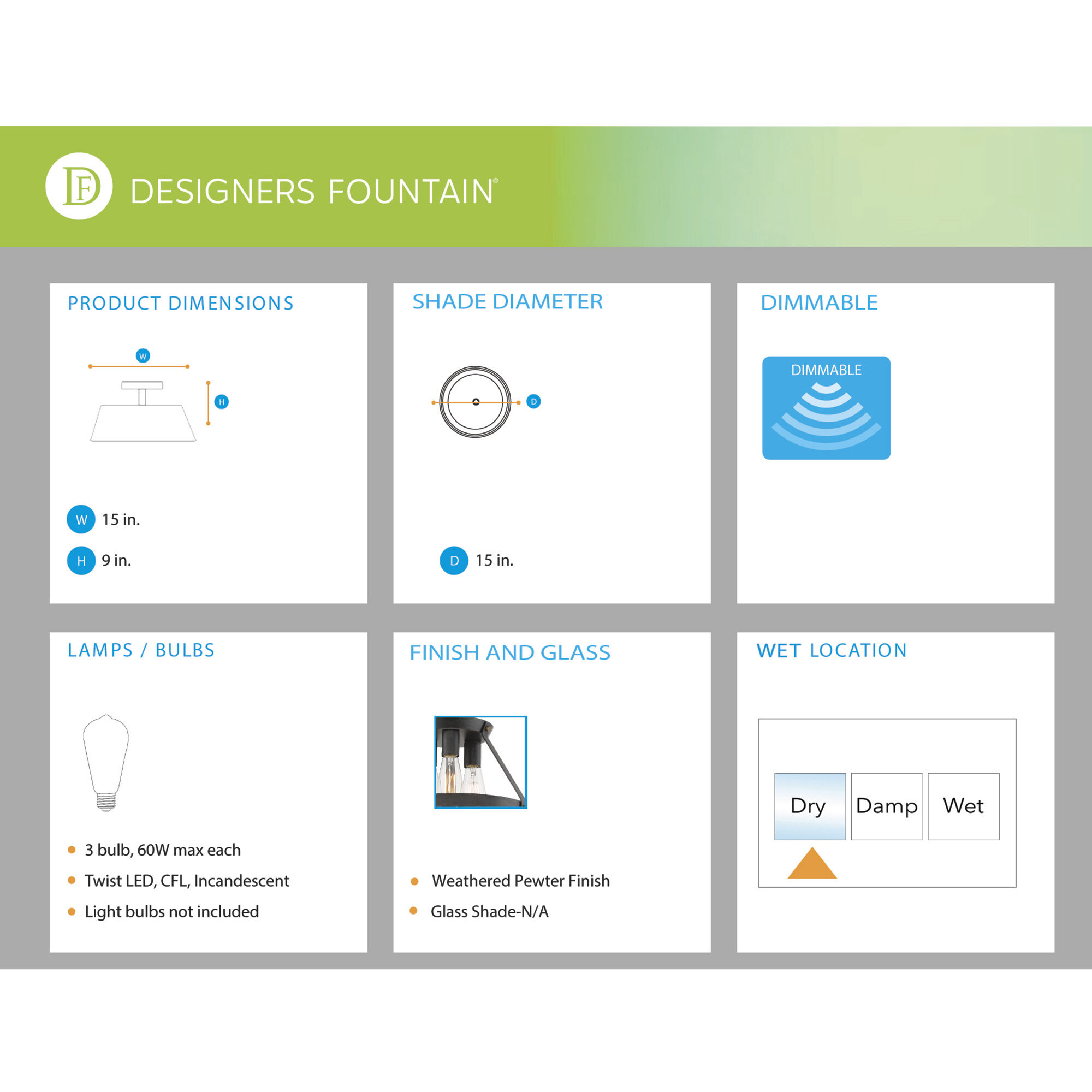 Wicker Park 3 Light 15 inch Weathered Pewter Semi-Flush Ceiling Light